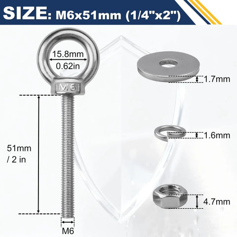 Heavy Duty M6 Stainless Steel Eye Bolts With Nuts And Washers One Quarter Inch Diameter Two Inch Long Lifting Rings Set
