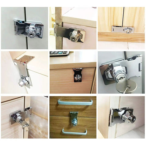 Heavy Duty Keyed Hasp Locks With Screws 4 Inch Safety Hasp With Lock Metal Twist Knob Keyed Locking Hasp Set Silver Finish 4 Pack To Lock Down Doors Cabinets Toolboxes Gates Outdoor Gear displayed on various wooden and metal surfaces in a multi-image grid.