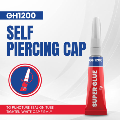 4g super glue with self-piercing cap shown in package, labeled GH1200 for easy use.
