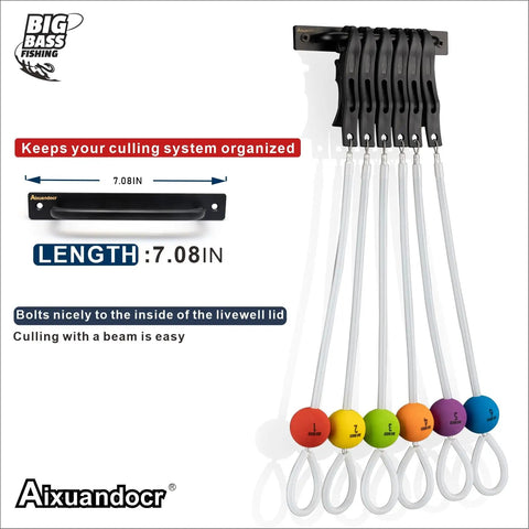 Non Puncture Bass Fishing Cull Tags Set With Six Color Coded Tags And Buoy Keeper, featuring easy clip design and holder bar.