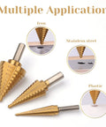 Step Drill Bit Set Unibit 5 Piece HSS Titanium Coated With Automatic Center Punch shown drilling iron, stainless steel, plastic