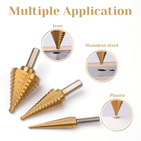 Step Drill Bit Set Unibit 5 Piece HSS Titanium Coated With Automatic Center Punch shown drilling iron, stainless steel, plastic