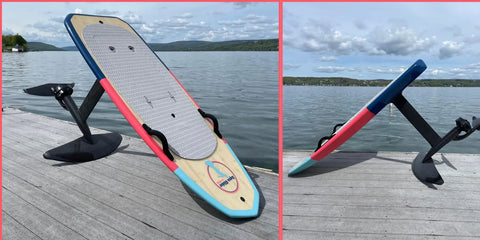 High Power EFoil For Water Sports With 28 Mph Top Speed And 120 Minute Ride Durable Rechargeable Battery Pack Stainless Steel Battery Box Built To Last Plug In And Go on wooden dock by lake