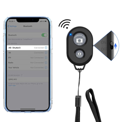 Wireless Phone Camera Remote Shutter Two Pack For iPhone And Android shown with Bluetooth connection and wrist strap keychain.