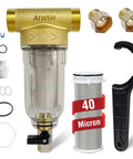 40 Micron Spin Down Sediment Filter And Reusable Water Filter For Whole House Pre Filtration System For City Water And Well Water 25 GPM 1 Inch MNPT Three Quarter Inch FNPT Three Quarter Inch MNPT with accessories
