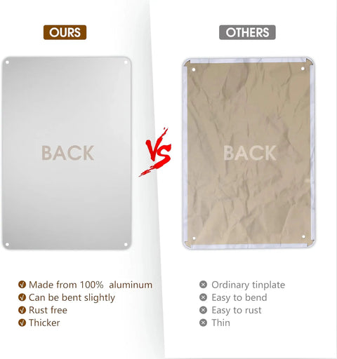 Comparison of Real Deal 12X8 Inch Aluminum Warning Sign built tough vs flimsy tin sign, showcasing durability and quality.