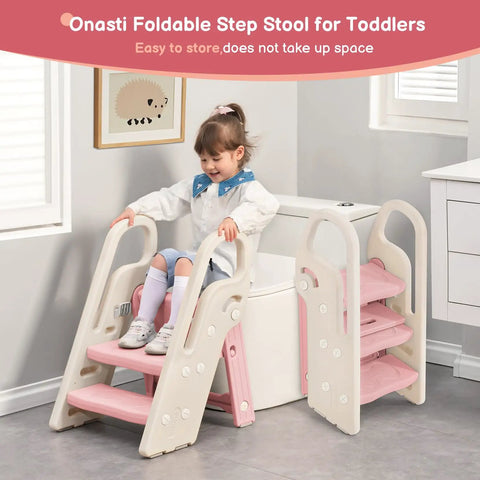 Pretty Darn Versatile Foldable Toddler Step Stool For Bathroom Sink And Kitchen Counter With Adjustable Height Settings And Safe Handles To Make Potty Training An Absolute Dream For Growing Kids In Soft Pink, toddler using it.