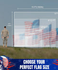 Size comparison chart with soldier showcasing multiple sizes of US Flag 3x5 Outdoor Heavy Duty Nylon With Fade Resistant Embroidered Stars And Sewn Stripes Brass Grommets Built To Last In Any Weather Rugged Long Lasting American Flag For Yard Porch Garden