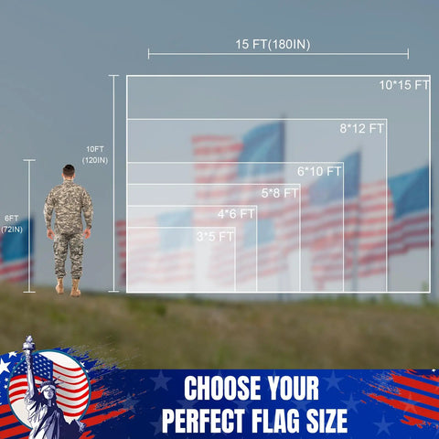Size comparison chart with soldier showcasing multiple sizes of US Flag 3x5 Outdoor Heavy Duty Nylon With Fade Resistant Embroidered Stars And Sewn Stripes Brass Grommets Built To Last In Any Weather Rugged Long Lasting American Flag For Yard Porch Garden