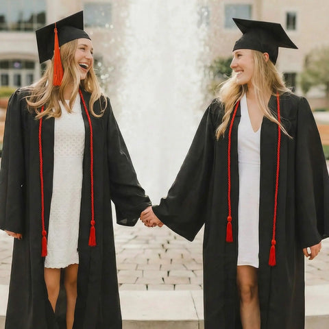 Two graduates wearing red 68 Inch Graduation Honor Cord With Tassels At Both Ends, Durable Polyester Yarn, knotted ends.