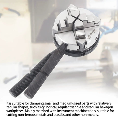 K02 50mm Mini Lathe Chuck 4 Jaw Self Centering M14 Thread Mount shown close-up with jaws and handles visible.
