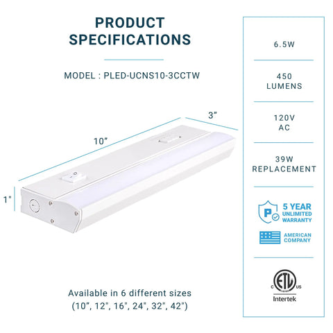 Product specifications for under cabinet LED light model PLED-UCNS10-3CCTW showing dimensions and key features.