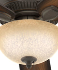 Close-up of Matheston Indoor And Outdoor Ceiling Fan With Light And Pull Chain Control, showing light fixture and wooden blades.
