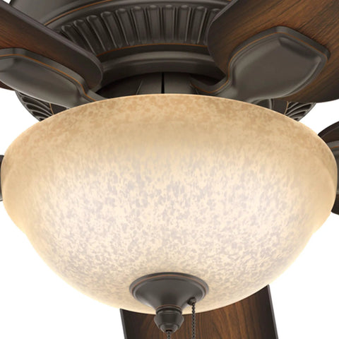 Close-up of Matheston Indoor And Outdoor Ceiling Fan With Light And Pull Chain Control, showing light fixture and wooden blades.