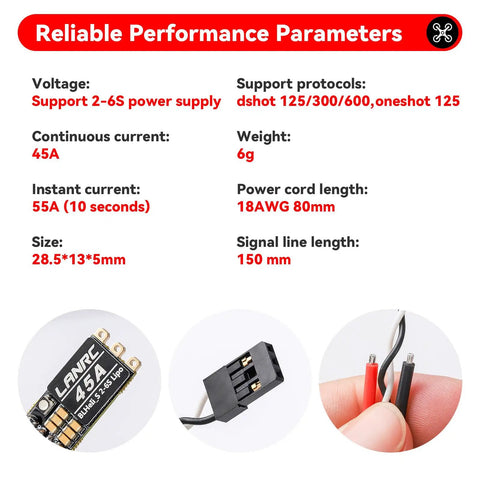 Set Of Four 45A Brushless ESCs For 2S To 6S LiPo specifications and connections display