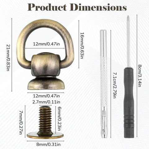 Dimensions of 4 Pack Antique Brass D Rings And Ball End Studs Repair Kit For Purses with screwdriver and punch