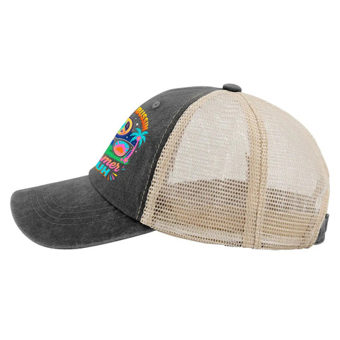 Bussin Summer We Out Cool Hat For Women Cute Tennis Trucker Caps With Mesh Ventilation Everyday Hat, side view with palm design