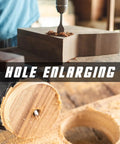 Close-up of a drill enlarging a hole in wood using the All In One 246 Piece Drill Bit And Screwdriver Bits Set