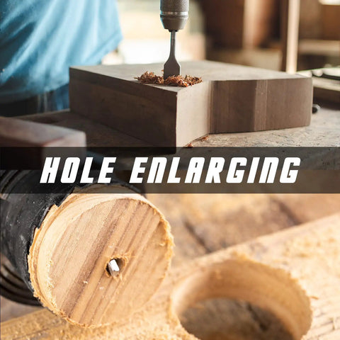Close-up of a drill enlarging a hole in wood using the All In One 246 Piece Drill Bit And Screwdriver Bits Set