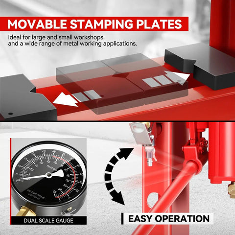 Movable stamping plates of Heavy Hitter 30 Ton Hydraulic Air Pneumatic H Frame Shop Press with dual scale gauge for easy operation.