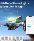 FAA Compliant Remote ID Module With Buzzer And Strobe for drones, shown with smartphone app controlling strobe settings, flying in sky.