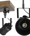 Close-up of Adjustable 3-Head Track Lighting Fixture in Black Wood Finish with spotlight details and rotatable head.