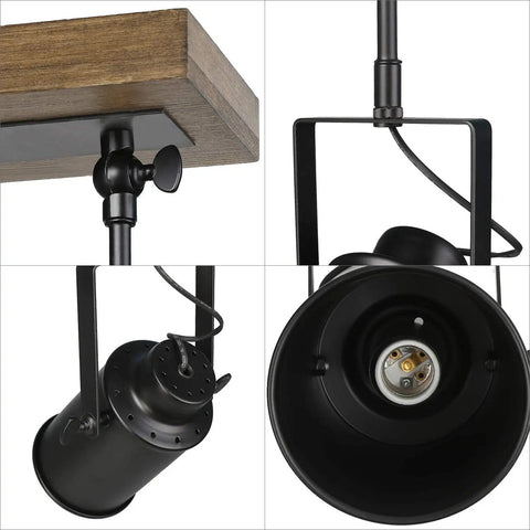 Close-up of Adjustable 3-Head Track Lighting Fixture in Black Wood Finish with spotlight details and rotatable head.