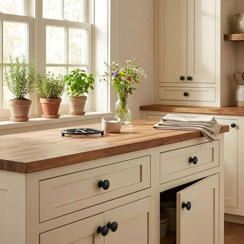 Matte Black Mushroom Cabinet Knobs Pull Handles for kitchen cabinets in a bright kitchen setting
