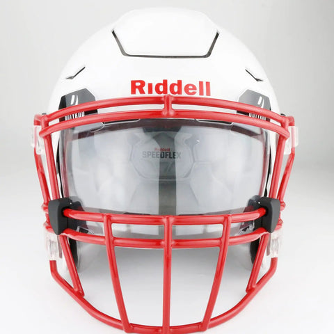 Close-up of a football helmet with Universal Fit Football Visor Clips 1 Pair Black Quick Release Helmet Clips installed.