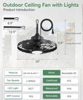 Outdoor Ceiling Fan With Lights For Patio And Gazebo IP65 Waterproof Hanging Fan black, illustrated with fan specifications and measurements.