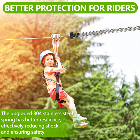 Child riding on a zipline with Extra Long Zipline Spring Brake For Backyard Fun 6.6ft Heavy Duty Stopper System in view