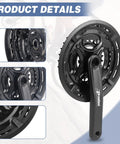 Close-up of Three By Six Seven Eight Speed Mountain Bike Crankset 170mm With 42 34 24T Chainrings Square Taper Compatible 3x gears