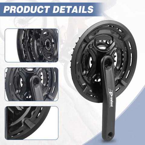 Close-up of Three By Six Seven Eight Speed Mountain Bike Crankset 170mm With 42 34 24T Chainrings Square Taper Compatible 3x gears