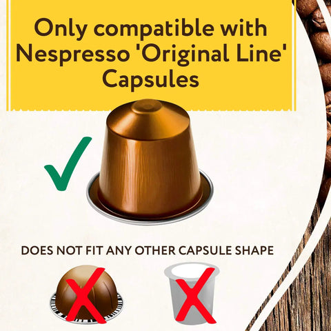 Under Cabinet Coffee Pod Holder For Nespresso Original Line Dope 44 Pods compatibility guide with capsule illustration