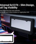 Slick Real Carbon Fiber License Plate Frame 2 Hole Slim Black Gloss car tag holder mounted on vehicle with slim design.