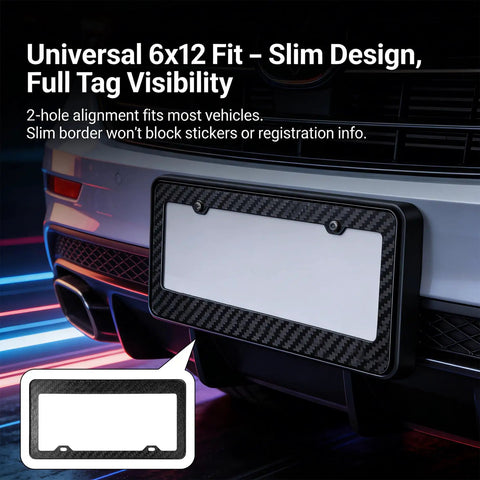 Slick Real Carbon Fiber License Plate Frame 2 Hole Slim Black Gloss car tag holder mounted on vehicle with slim design.