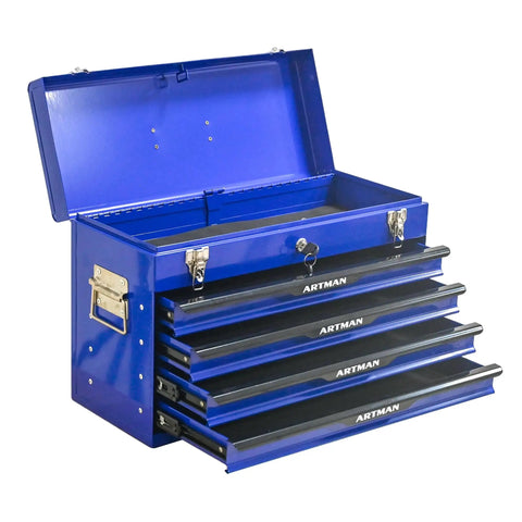 20 Inch Steel Portable Tool Box With Drawers Tool Storage Box Organizer With Metal Lock Closure Powder Coated Blue Cabinet