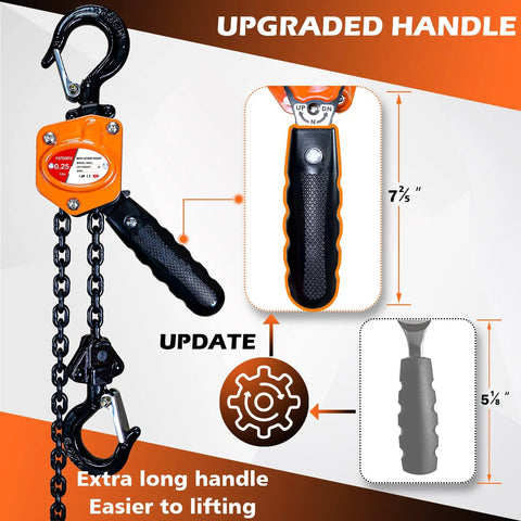 YATOINTO mini lever chain hoist, orange housing and black handle, 1/4-ton capacity, 10 ft chain, two heavy-duty hooks