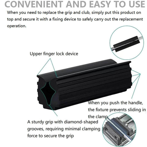 Golf Club Grip Replacement Tool With Rubber Vise Clamp shown with diamond-shaped grooves for secure grip installation and protection.
