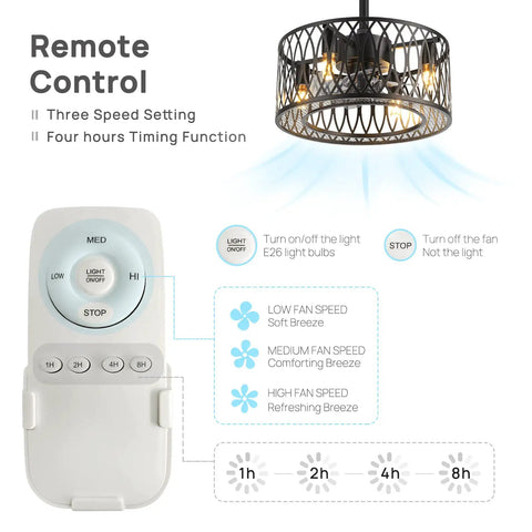 Remote for Industrial Black 18-Inch Caged Ceiling Fan With Lights Remote Control, flush mount, 3 speeds, 3 light temps settings