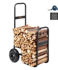 Heavy Duty Log Cart Built Tough For Firewood Up To 250 Lbs With Pneumatic Wheels And Elevated Guardrails Indoor Outdoor Wood Rack Carrier Steel Dolly Hauler For Fireplace Or Fire Pit Rust Resistant Black Finish showing stacked logs and accessories.