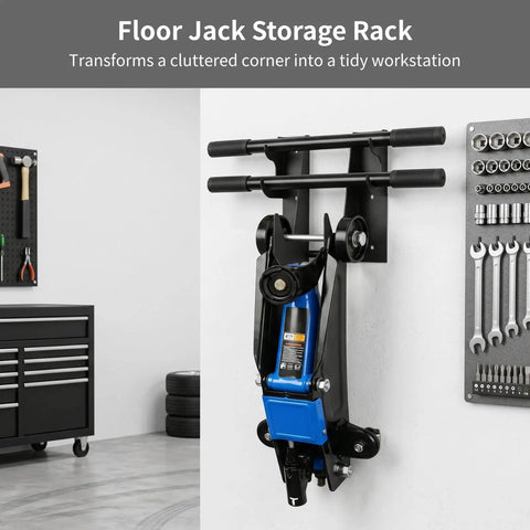 2 Pack Heavy Duty Floor Jack Storage Rack Wall Mount Stand For Hydraulic Trolley Jacks in garage setting