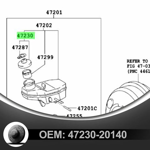 Diagram of Direct Fit Brake Fluid Reservoir Cap For Toyota 4Runner Tacoma Highlander Land Cruiser Camry Corolla RAV4.