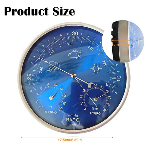 All Season 3 In 1 Home Weather Station With Brass Barometer Wall Hanging Thermometer And Hygrometer blue-framed close-up