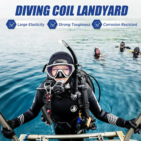 Diver holding Dope Retractable Lanyard For Underwater Gear With 316 Stainless Steel Double Clips And Dive Down Flag Webbing.