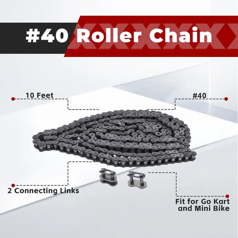 40 Roller Chain, 10 Feet, With Two Connecting Links, Built To Last For Go Karts And Mini Bikes, Carbon Steel
