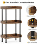 Small Three Tier Wooden Bookshelf With Totally Sturdy Frame And Rounded Safety Corners For Home Office, showing rustic brown wood and black metal.