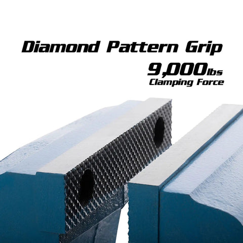 Diamond grip close-up on Beefy Rotating Base and Head Bench Vise 6 Inch, 360 Degree Swivel With Lockable Pin, heavy-duty iron