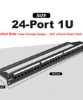 24 Port Pass Through Patch Panel For Rackmount Or Wall Mount 19 Inch 1U Cat6 Network Panel with size dimensions shown