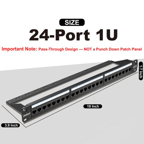 24 Port Pass Through Patch Panel For Rackmount Or Wall Mount 19 Inch 1U Cat6 Network Panel with size dimensions shown